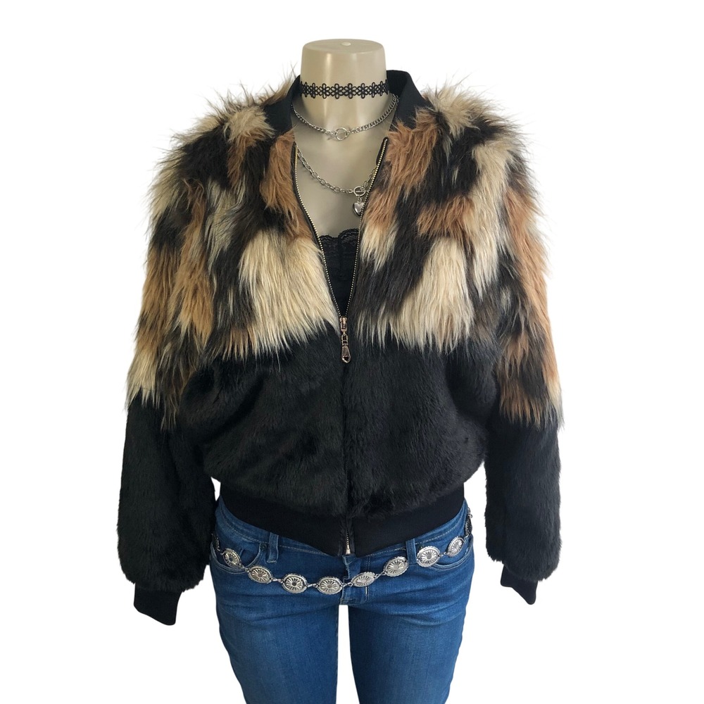 NWT Say What Shaggy Faux Fur Bomber Jacket Womens M Brown Black Colorblock Y2K